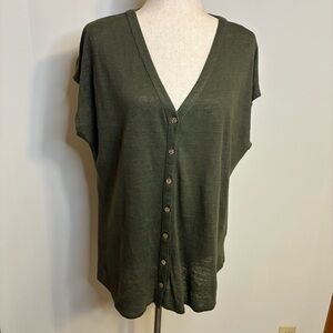 J. Jill Love Linen Green Short Sleeve Button Front Top Size M
